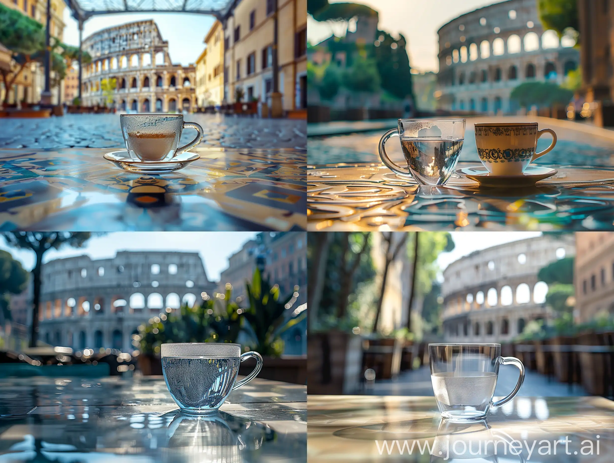 Рекламная фотография прозрачная чашка кофе на столике в кофейне на фоне Колизея в  Италии, вид спереди, студийная съемка с помощью цифровой зеркальной камеры Canon и микрообъектива IF-ED VR 105 мм f/2,8G, фотореалистичная, снимок с земли, естественное освещение, глубина резкости, макросъемка пейзажа — q 0,5 — s 250
