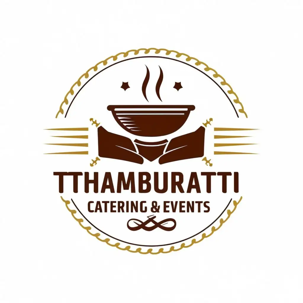 logo, cooking pan in a hand and steam in a round, with the text "Thamburatti catering and events", typography, be used in Restaurant industry