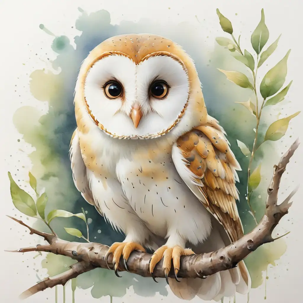 Barn owl baby watercolor painting on clean  white background. Beautiful, magical and enchanted