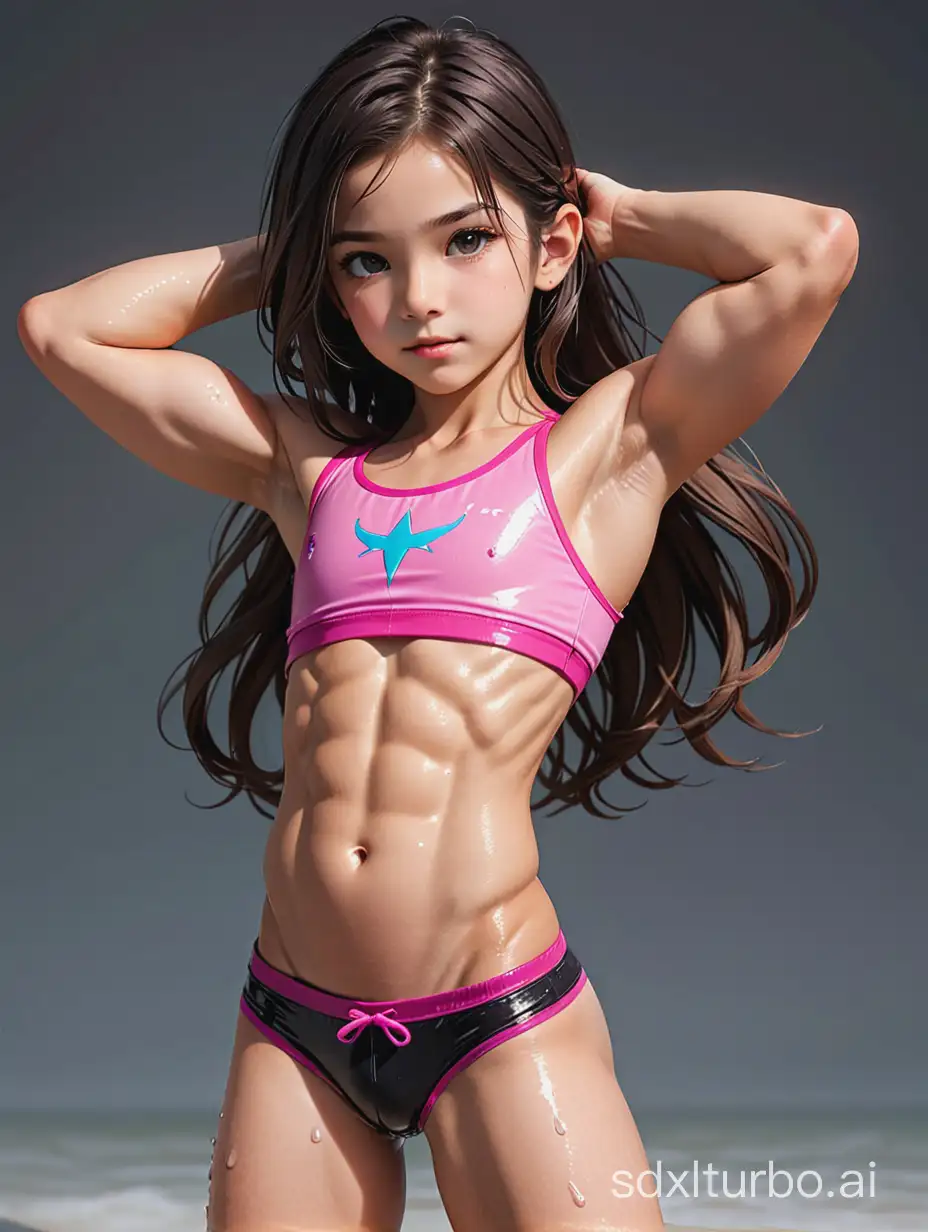 Tera Link at 7 years old, flat-chested, muscular abs, showing her belly, wet  