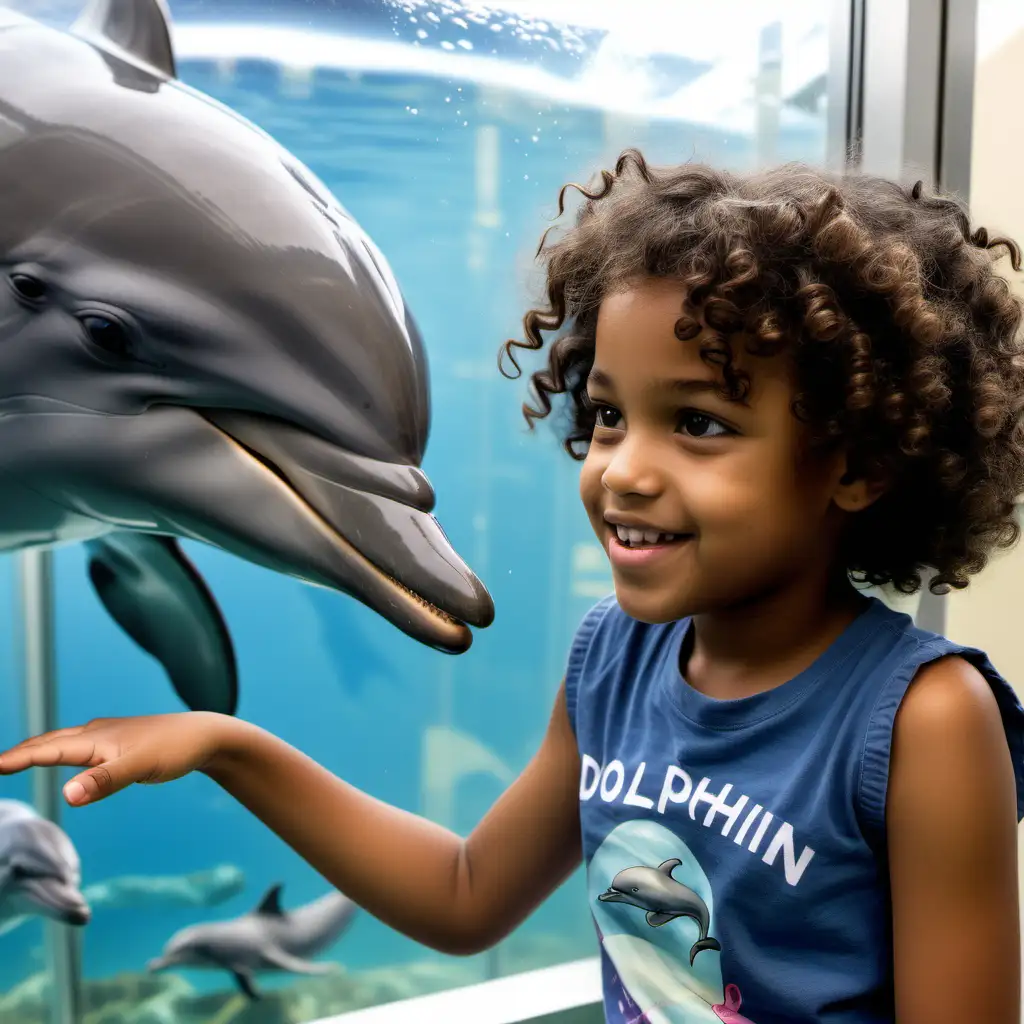 A 8year old girl, African American Girl,with short blue curly hair, wearing T shirt and jeans, communicating, with a dolphin behind clear glass