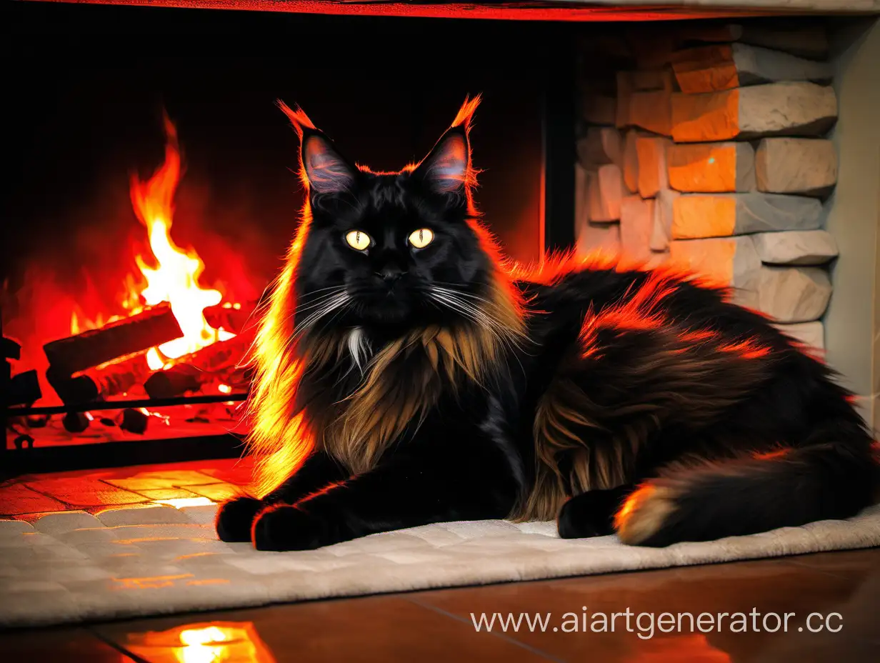 Big red spectacled Maine Coon; a black cat by the fireplace