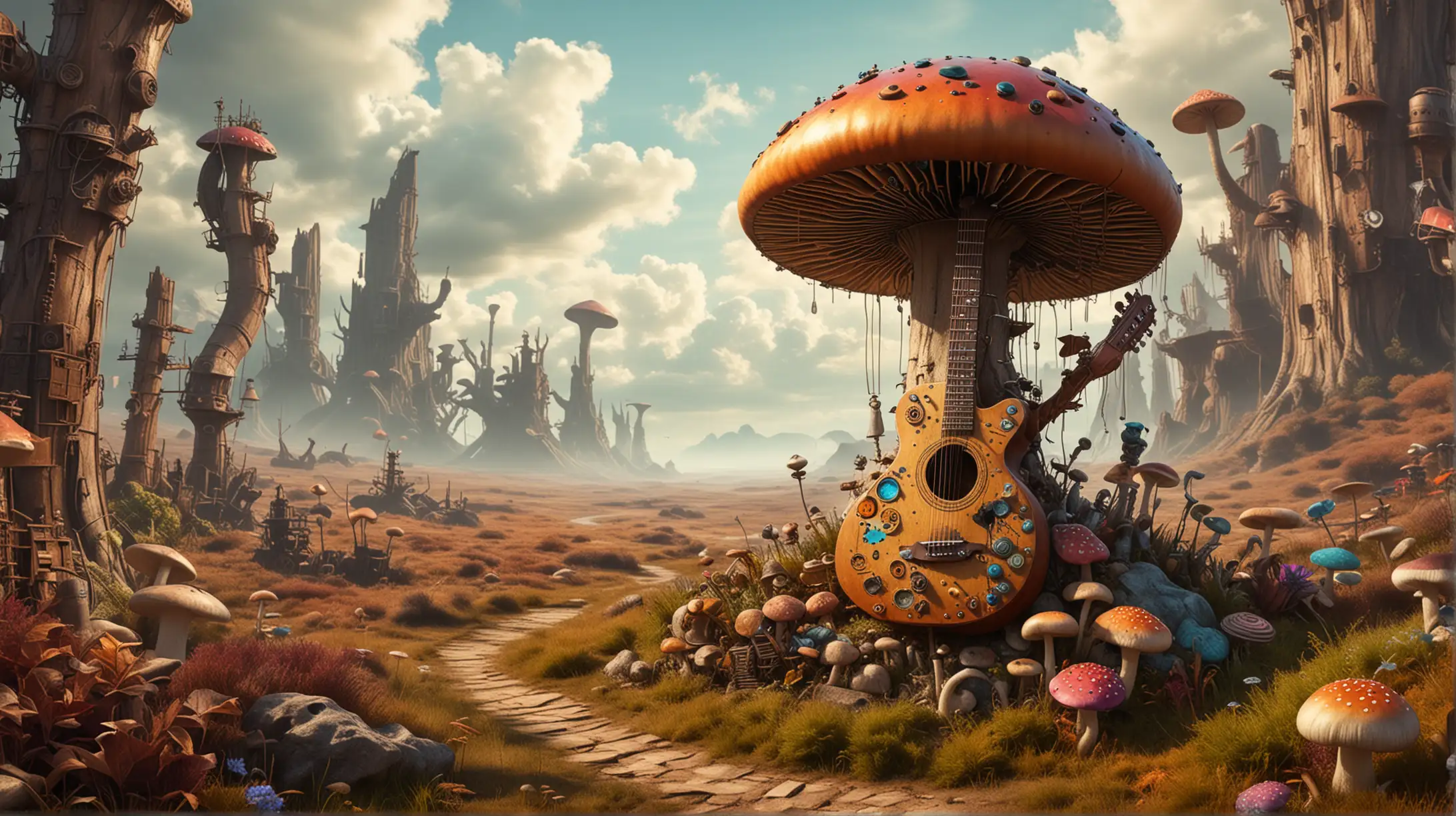 funky colorful steampunk landscape with one guitar mushroom