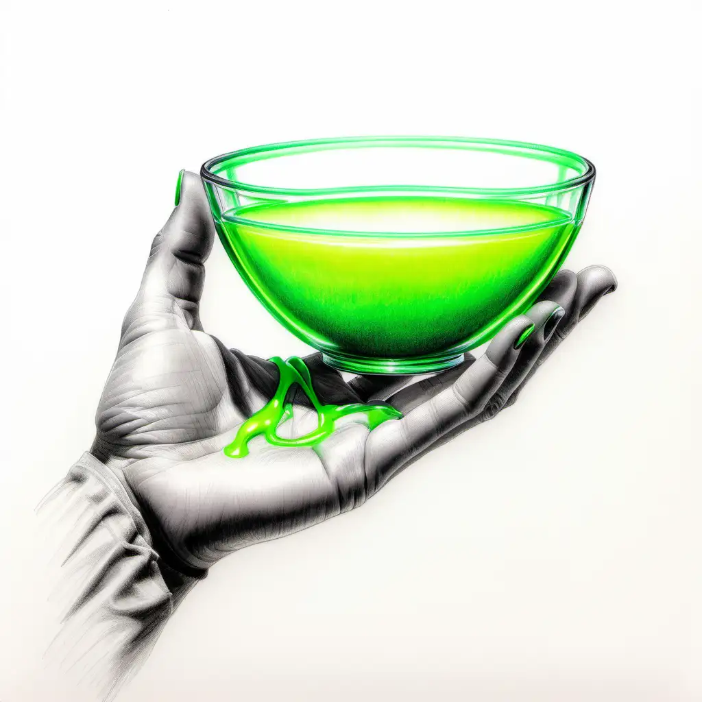 crayon drawing of hand holding glass bowl with neon green liquid. on a white background. 