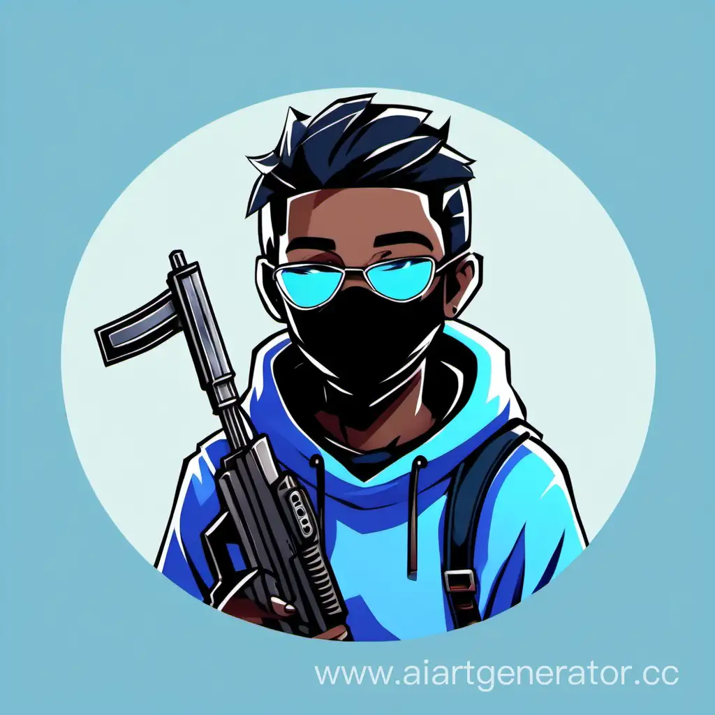 avatar for the YouTube channel, a character from a game with a weapon, in a black mask and a blue sweater