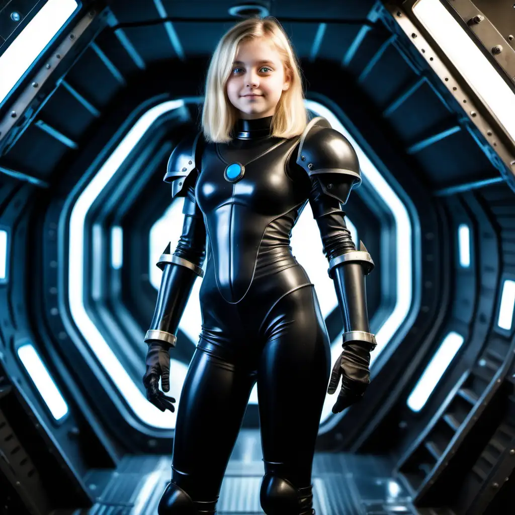 A full body portrait of a noble 15 year old girl, soft smile, with blonde thin hair, and light blue eyes, wearing a black latex battle suit standing with her boots on a spaceship. Warhammer 40k themed.