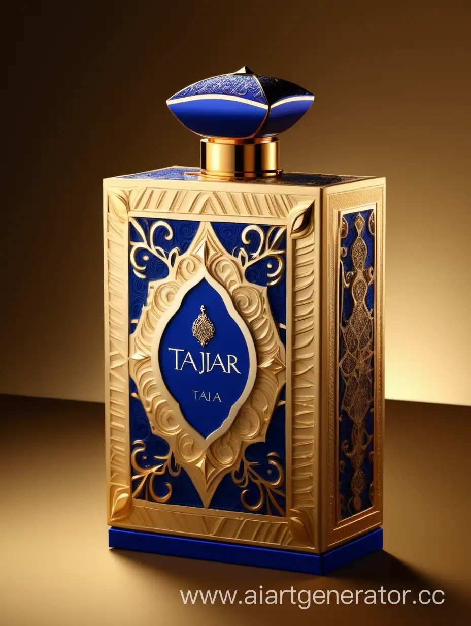 Box package design of perfume TAJDAR product, elegant, trending on artstation,   sharp focus,   studio photo,   intricate details,   highly detailed,   gold, Royal Blue and beige color on gold background