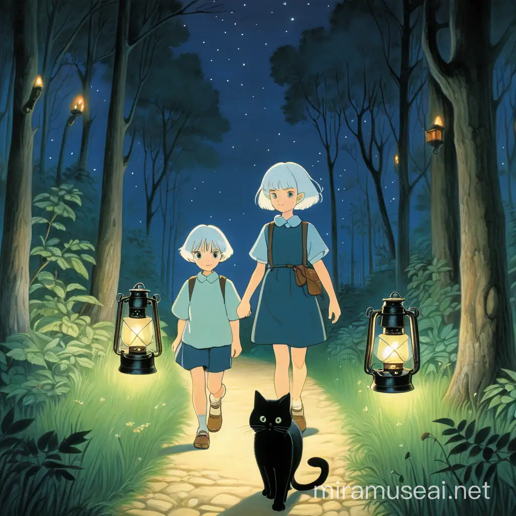 Whimsical Nighttime Forest Walk Little WhiteHaired Girl and Black Cat Illuminated by Oil Lamp