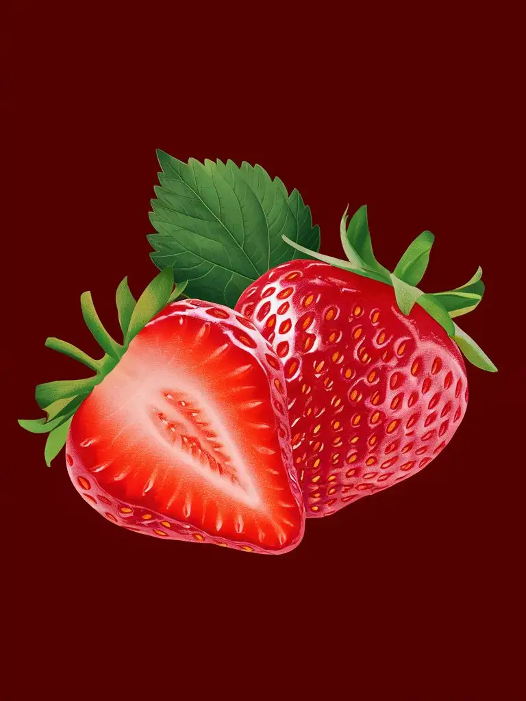 Strawberries-with-Lush-Greenery-on-Rich-Dark-Red-Background