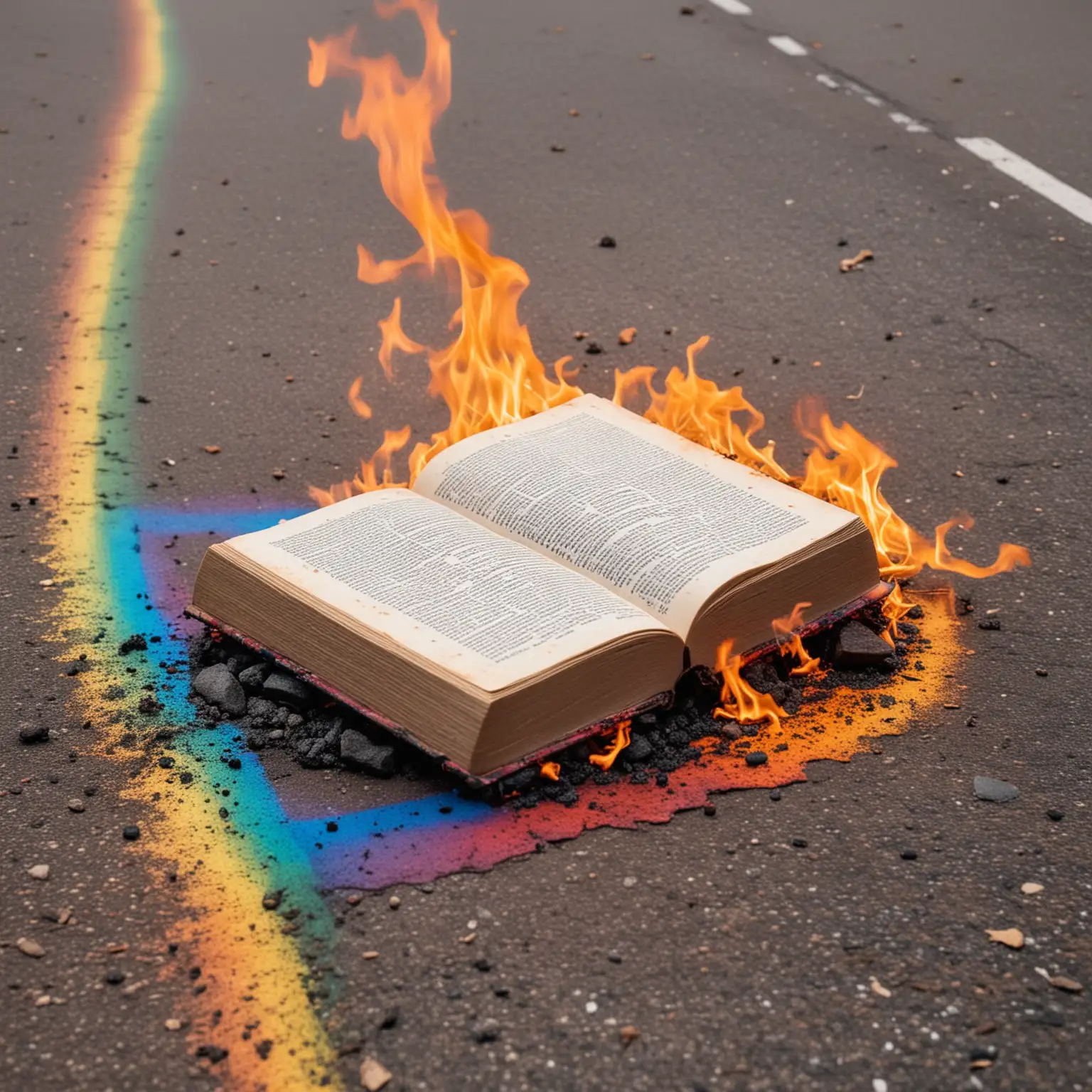 A burning book laying on a rainbow road