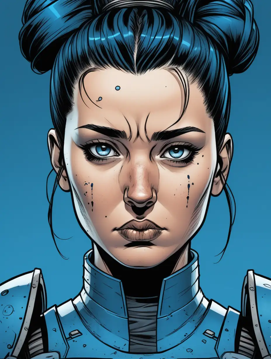 Inked comic art style close up portrait of a polish woman, black hair in a bun. Looks tired and determined. No markings on face. She is wearing ocean blue power armor over torso.