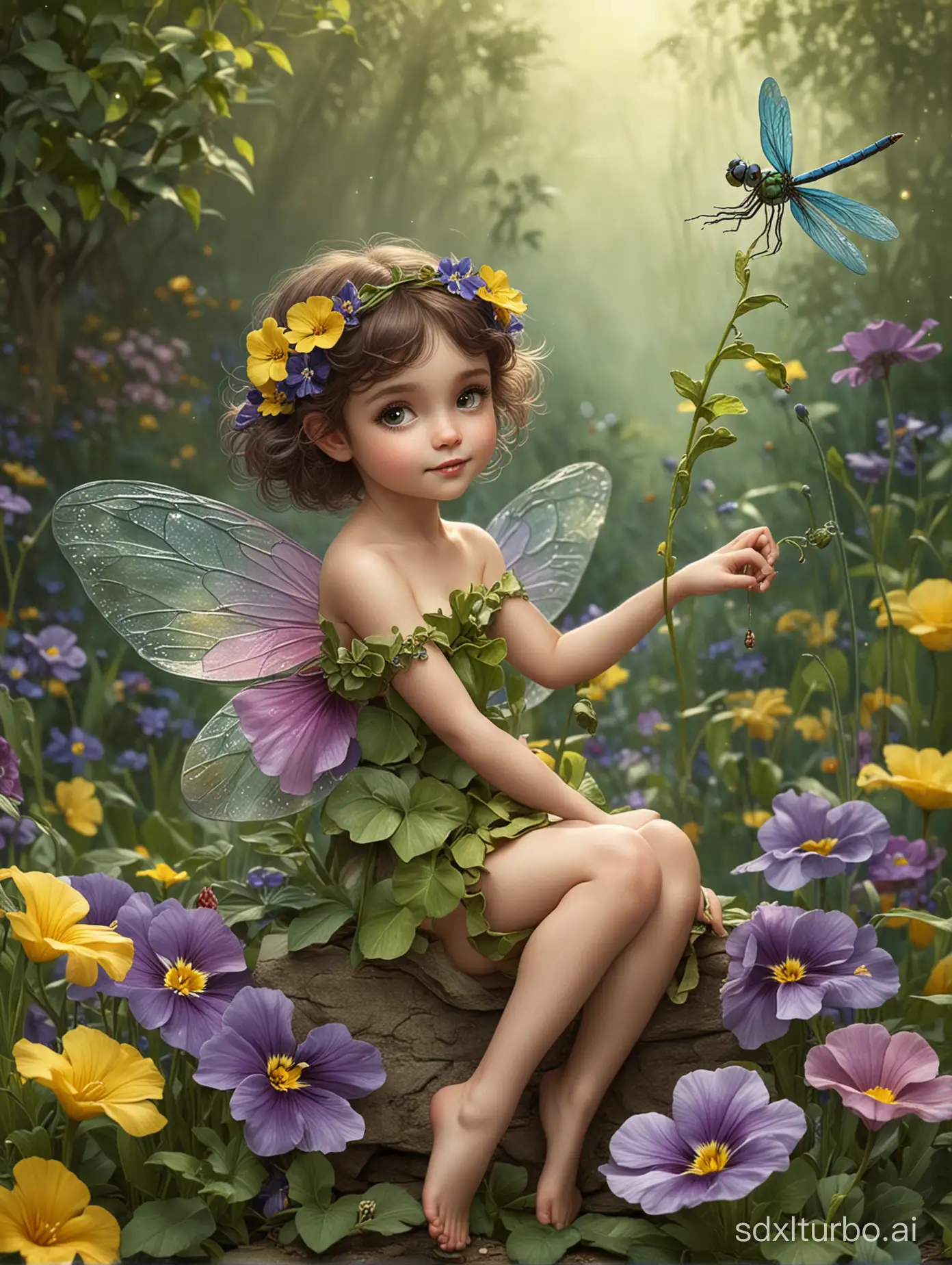 Enchanting-Scene-Pansy-Fairy-and-Dragonfly-in-a-Whimsical-Garden
