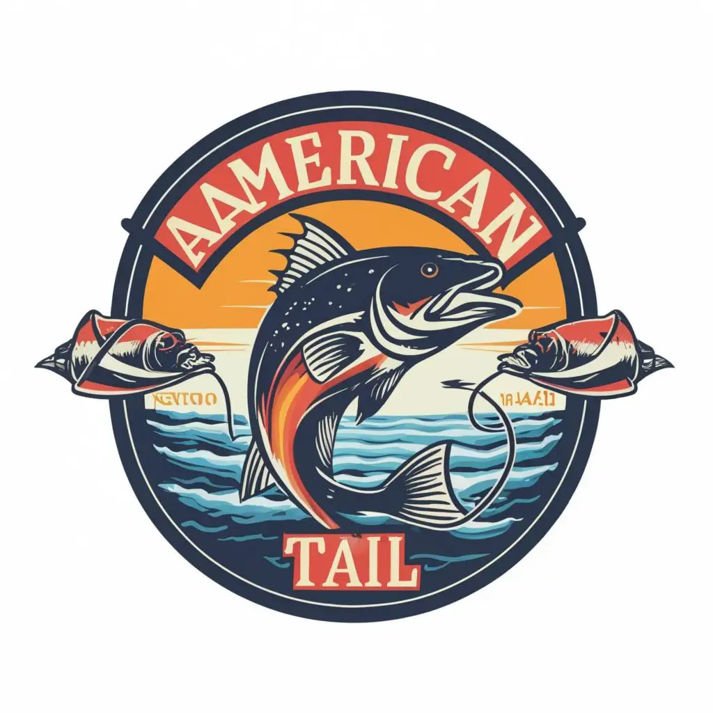 logo, FISH, LURE, FISH POLE, with the text "American Tail", typography