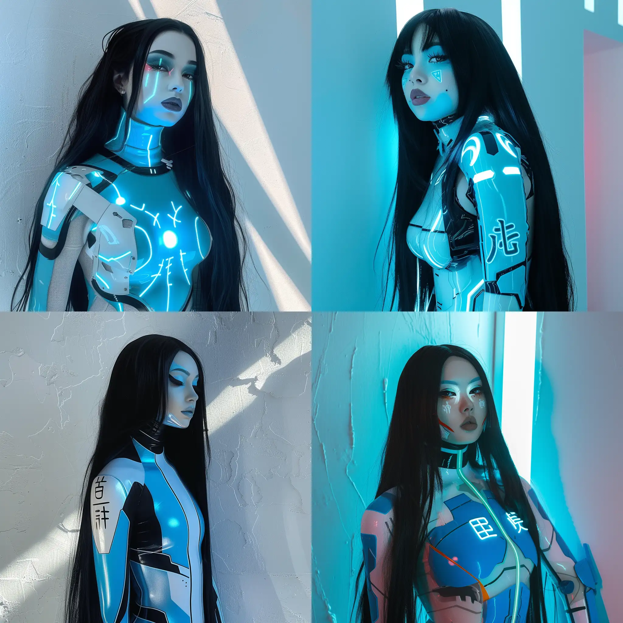 Girl with long black hair with pale douyin makeup in a neon blue and white skin tight mecha suit against a bright wall aesthetic realistic profile picture 