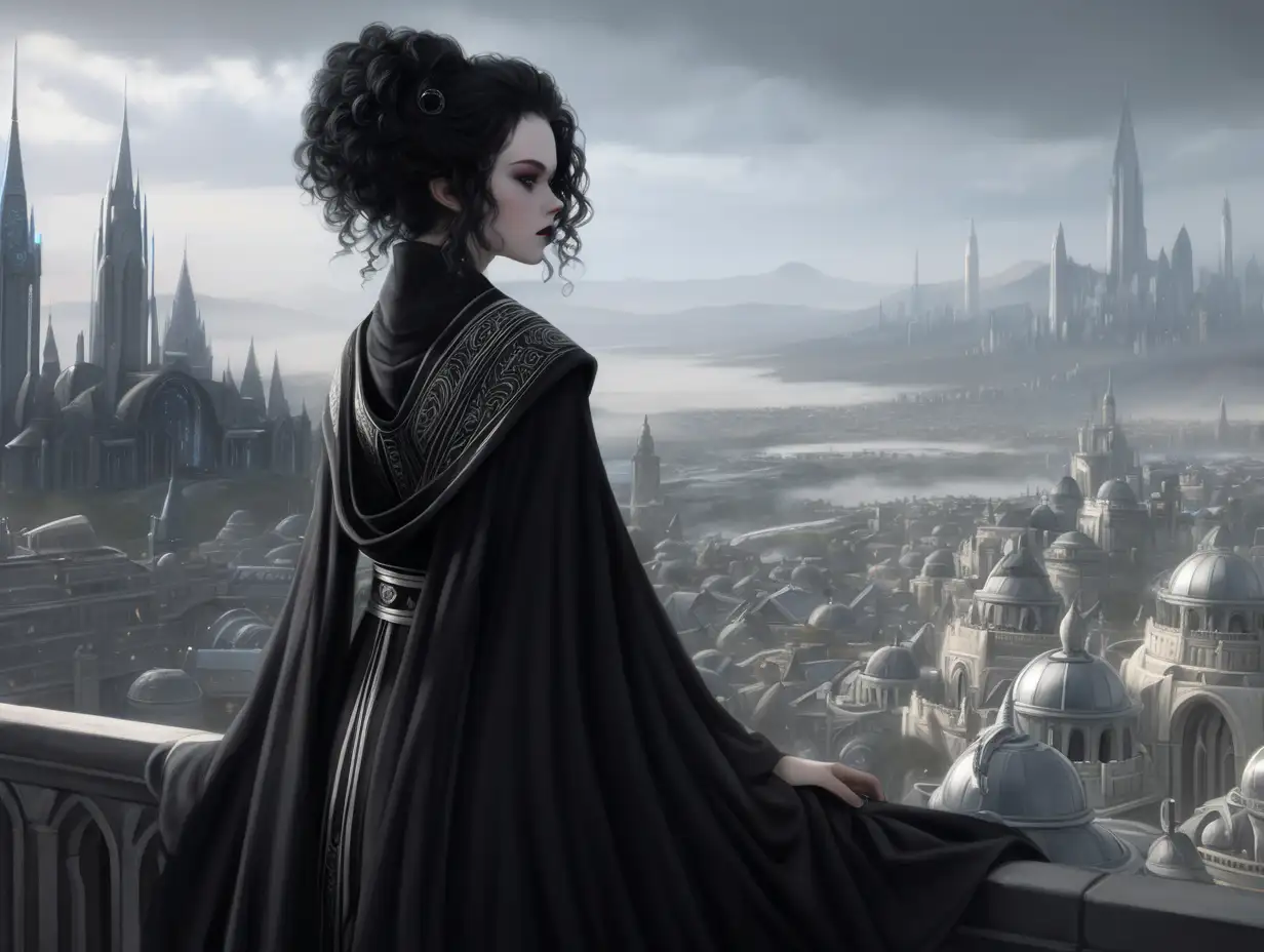 Dreaming city, beautiful, royal attire black curly hair, pale skin, grey eyes, dreaming city, white and grey, jedi robes, female, black make up, black mascara and lipstick, proper and disdained look on her face, robes, wideshot, overlooking the city, victorian 