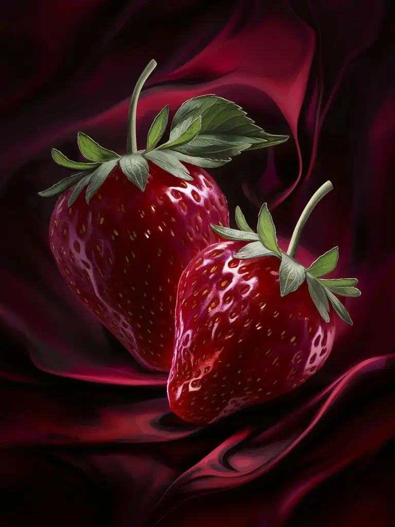 2 Strawberry with green leaf on dark red background 