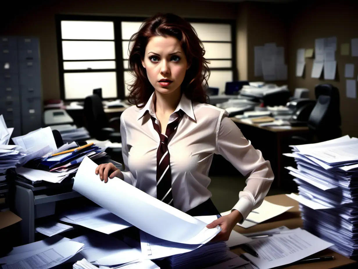 Realistic highly detailed photography. dramatic lighting. A cute female secretary,   her blouse  is unbuttoned, showing her naked shoulders, desperately lost in a room chaotically stuffed with file folders, pens, telephones, fax-machines, all sorts of papers and cluttered office equipment.