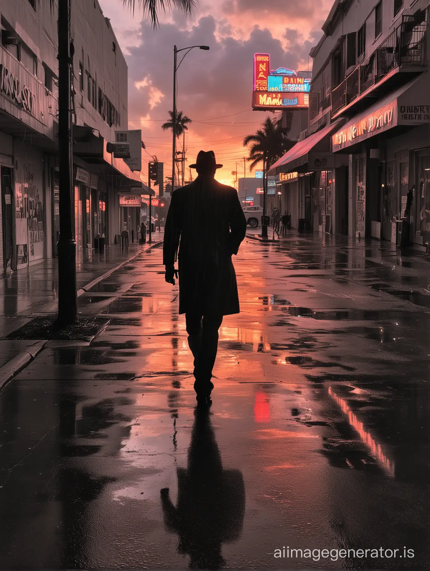 A lone detective silhouetted against a blazing Miami sunset, reflected in the rain-slicked streets lined with neon signs.