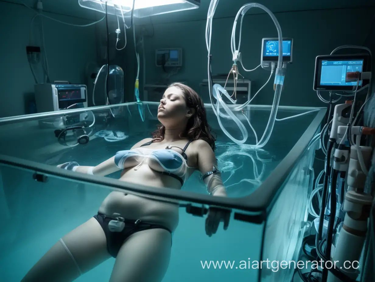 A woman floating submerged in a clear liquid in a transparent tank. She is wearing an underwire bra that extends out of the water, connecting her to a network of sensors and wires attached to the tank's sides. These sensors and wires are monitoring her vital signs, such as heart rate, blood pressure, and respiration. The woman's panties are also visible, with large tubes and hoses affixed to them, draining the fluids from her body into collection bags positioned on the floor. The room is dimly lit, creating a calm and sterile atmosphere, with medical equipment and monitors surrounding the tank.