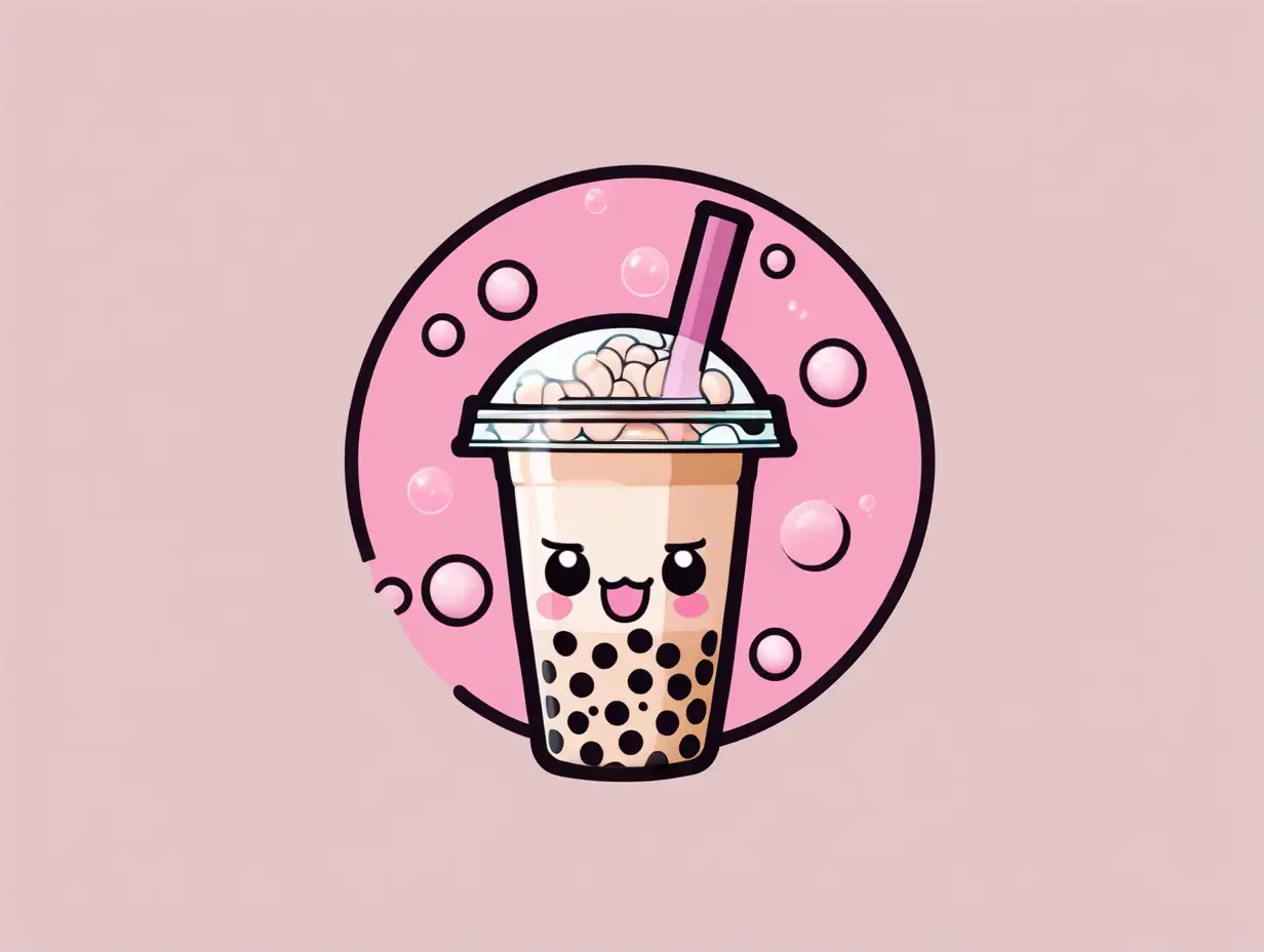  Bubble tea logo with pink cute cartoonist background.  
