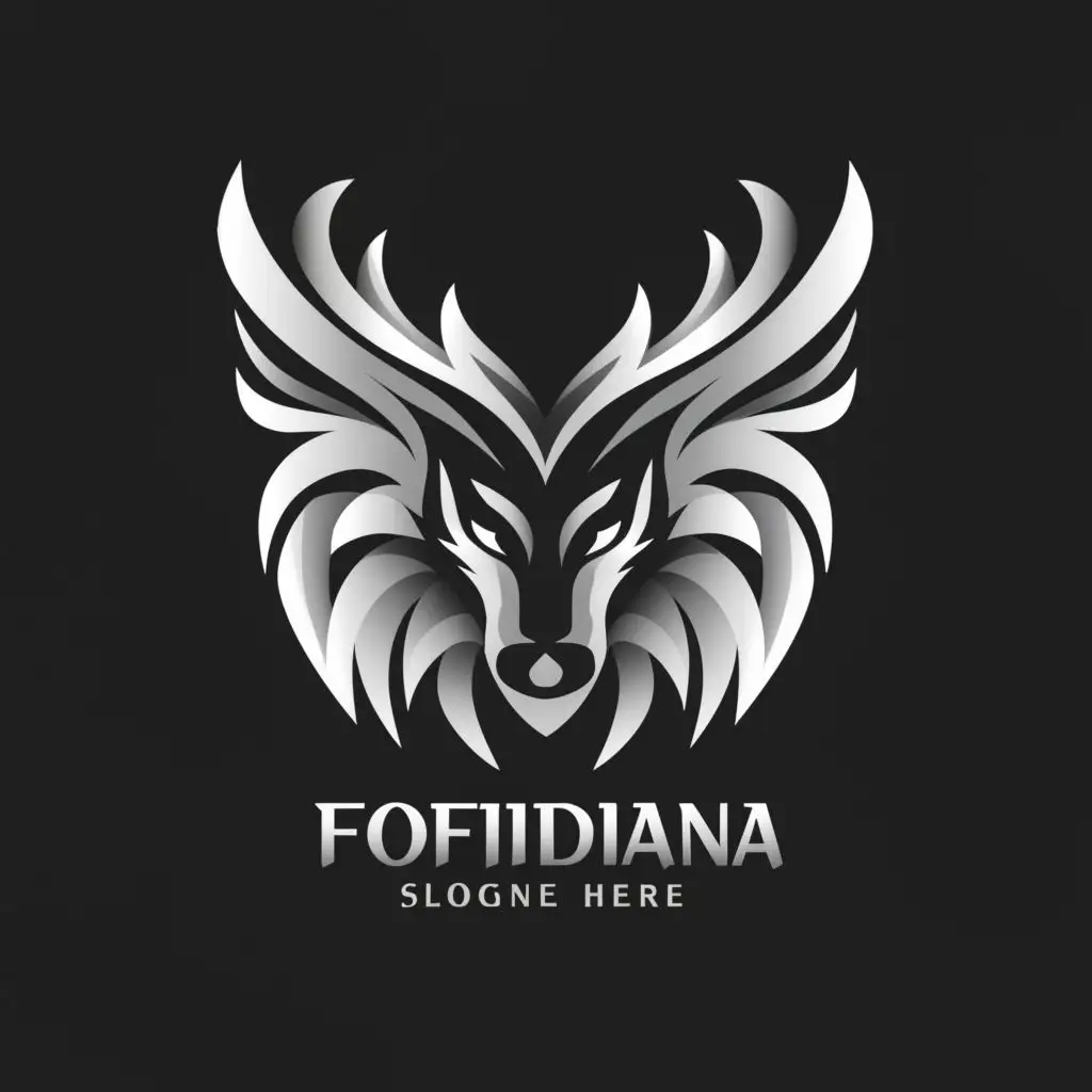a logo design,with the text "FofiDiana", main symbol:black wise wolf face with crown deer hornes and eagle wings
make it very abstract and make the rheindeer hornes like a real spiky rheindeer hornes
no text, be used in Retail industry