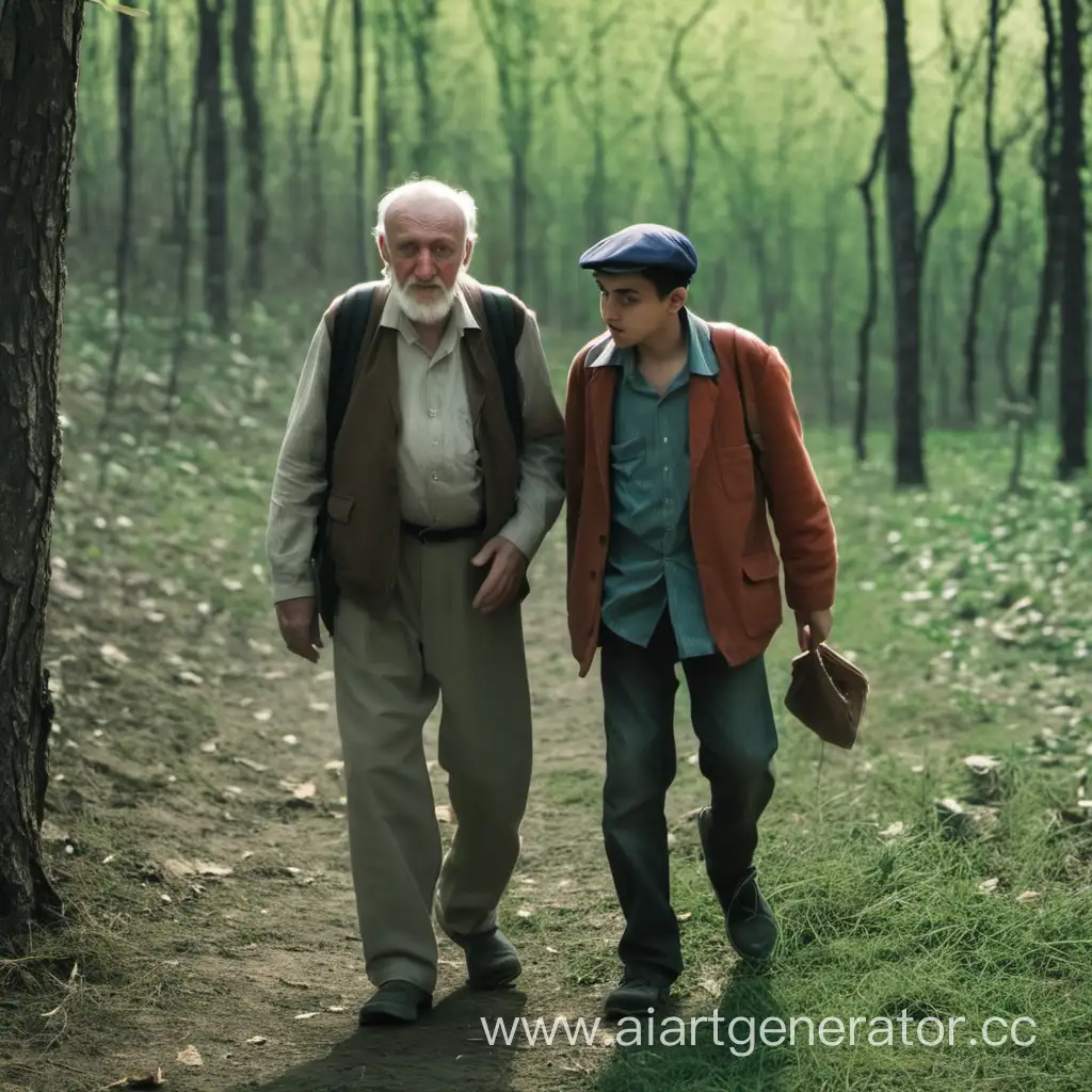   Старик из деревни идёт вместе с молодым парнем в лес.