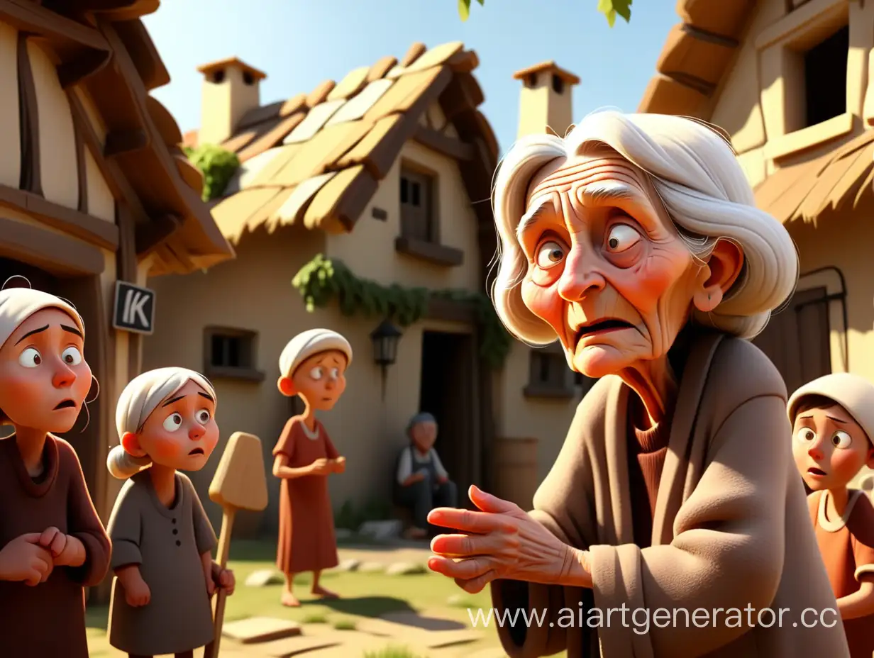 cartoon style, 8k, one old woman talking in the village with people
