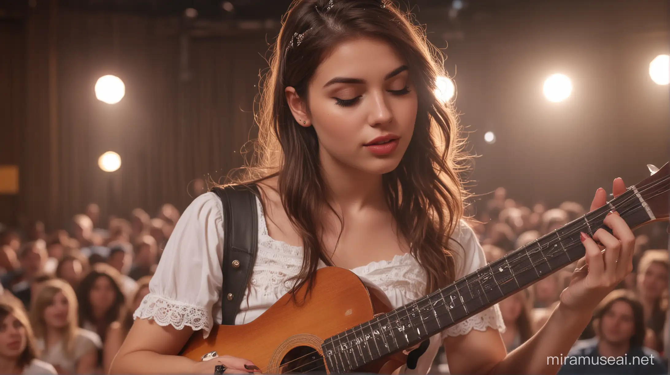 Beautiful Woman Playing Guitar in Auditorium Concert with Detailed Features and Delicate Aesthetic