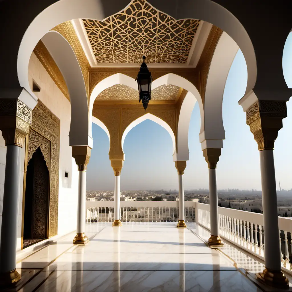 A porch arabic style, very close to the camera, very high story, maybe 10 overlooking a palace in the background a meival style arabic palace, white and gold colored,  Make the palace more detailed and asymmetrical. 
