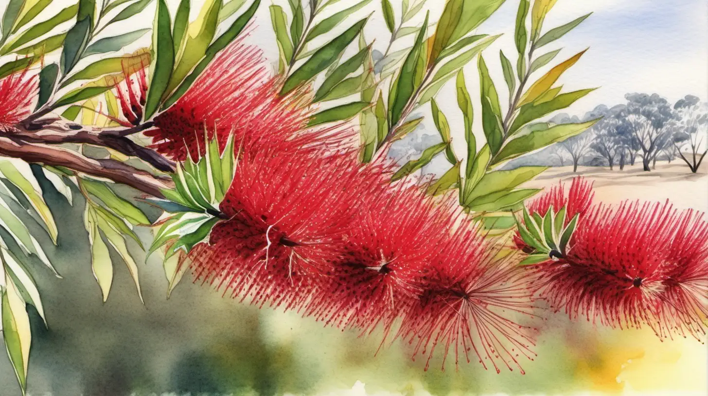 Watercolour painting of lots of Australian bottlebrush 