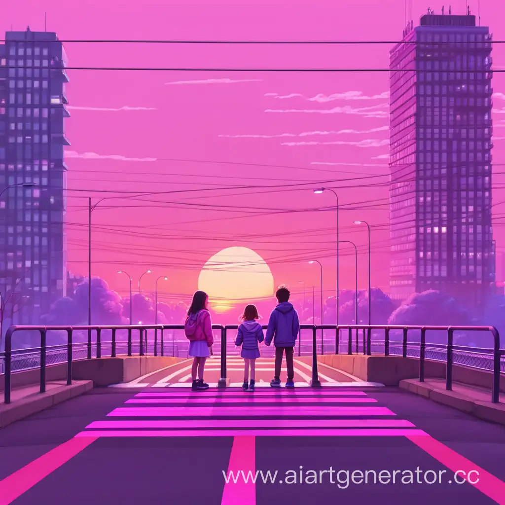 Город, Закат Розово-фиолетовый. Наземный пешеходный переход, проходящий над автомобильной дорогой, на мосту стоят парень и девушка которые не смотрят друг на друга