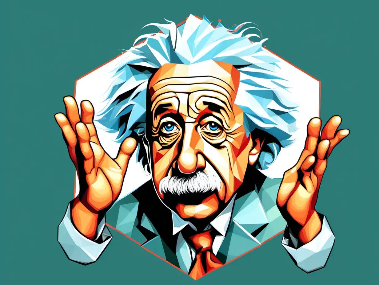 einstein face  polygon colour cartoon wondering  with his colour hands about the fools white background