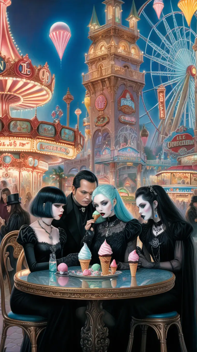  ethereal, art by Lee Man Fong, goth city, family, ice cream at the table, amusement park, gothic, jewels