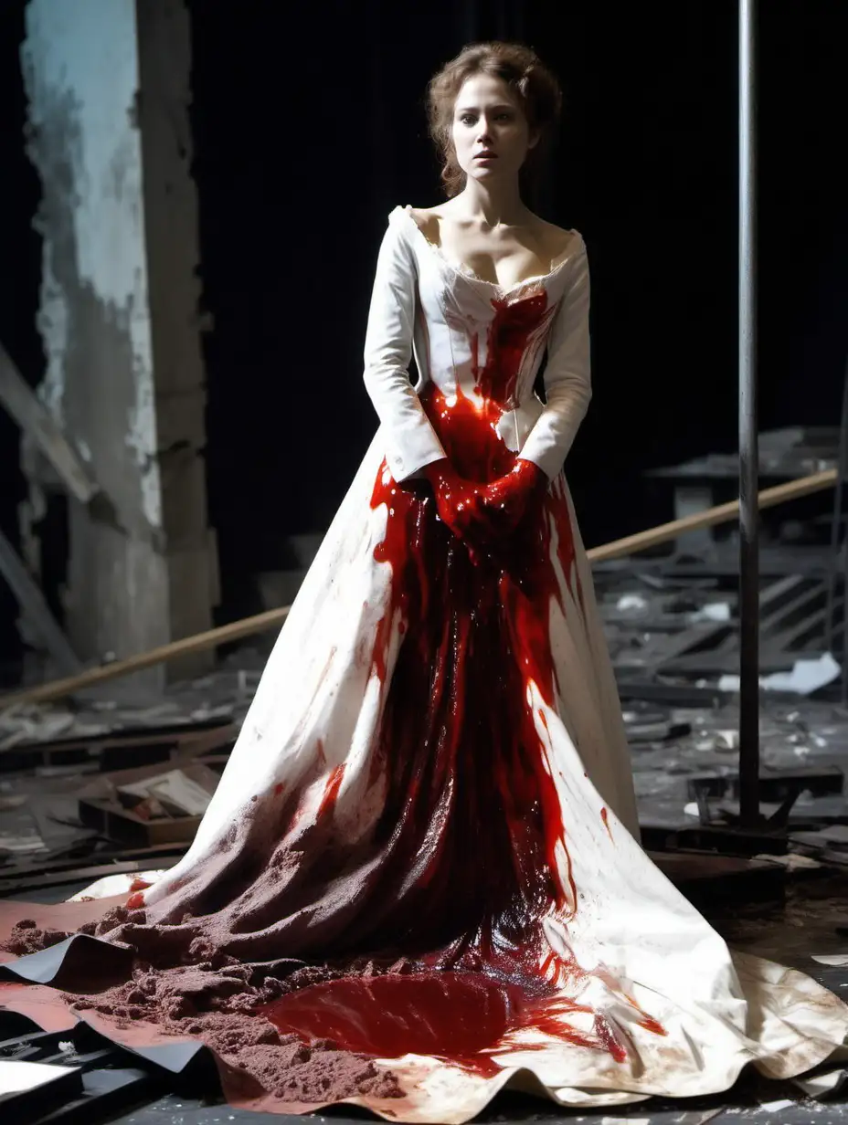 Γυναίκα ηθοποιός με νυφικό λερωμένο με κόκκινο υγρό Άννα Καρένινα στο  βομβαρδισμένο θέατρο