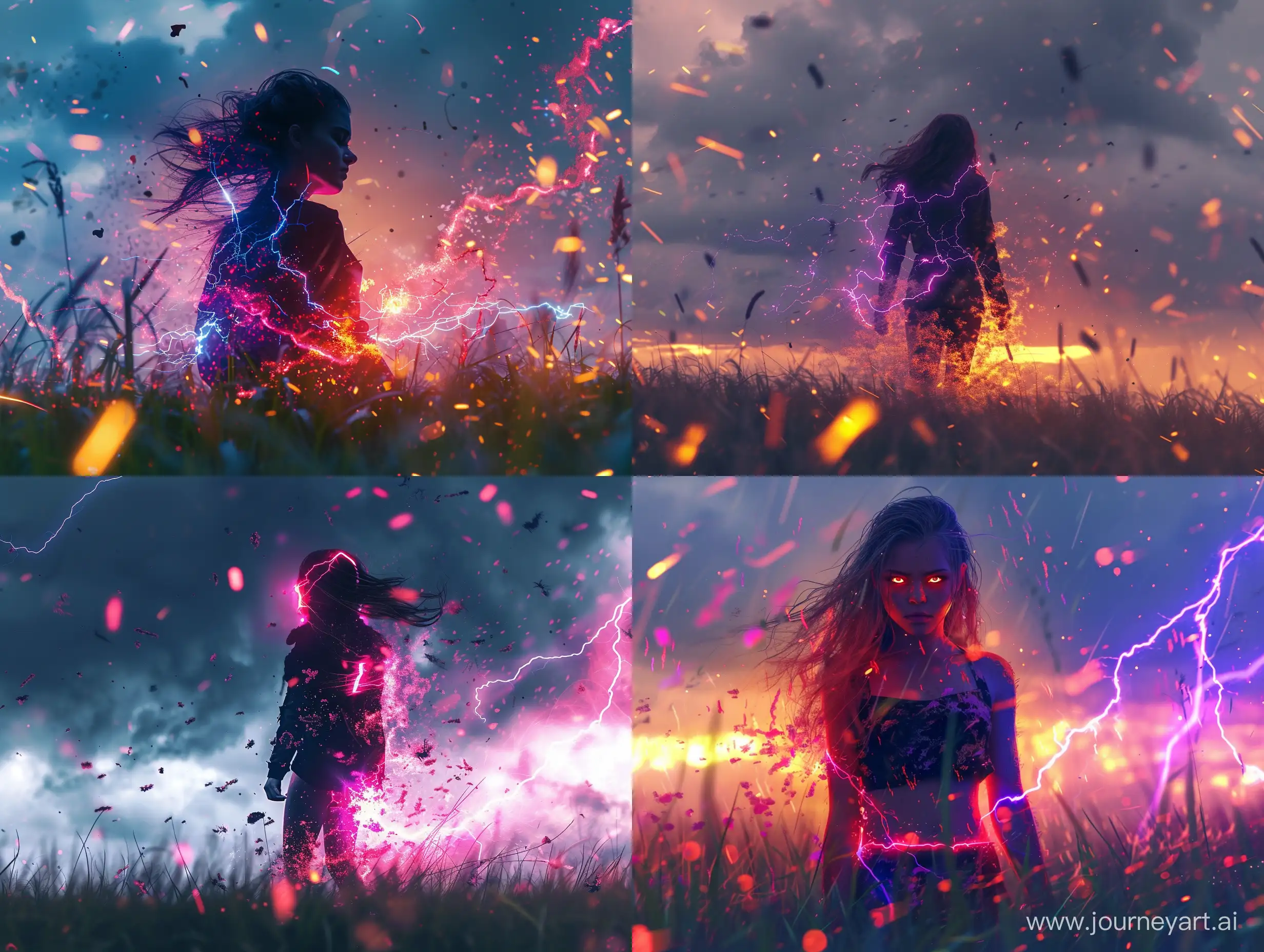 stunning 21yo girl, neon lightning, explosions, thunderstorm, flying small particles, high resolution, high quality, lots of small details, full body visible, grass, field 