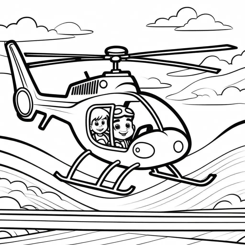colouring page for kid DRIVING helicopter , boy , cartoon style.
thick lines , low detail , no shading --r 911