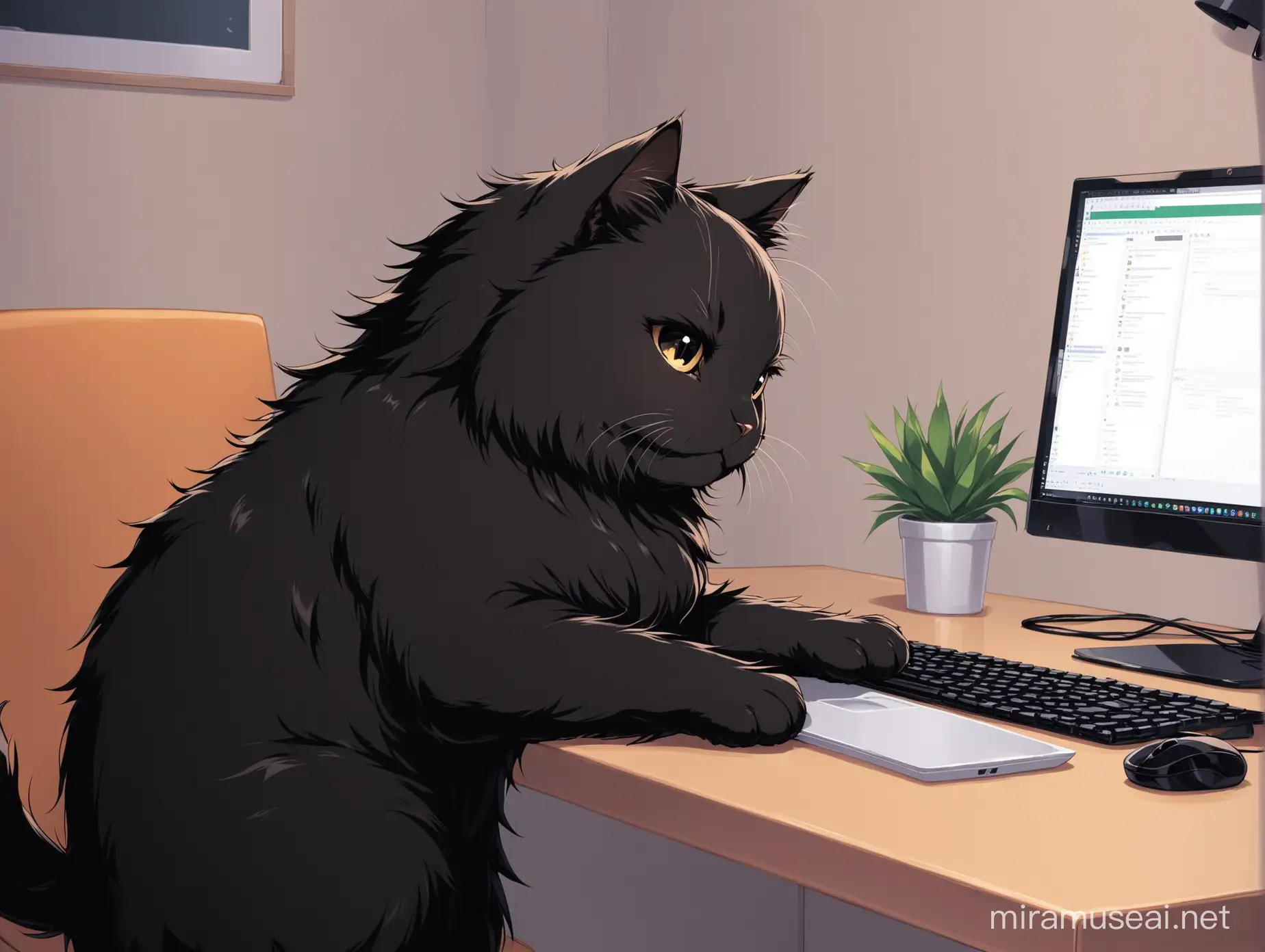  Black fluffy cat works on the computer in his room