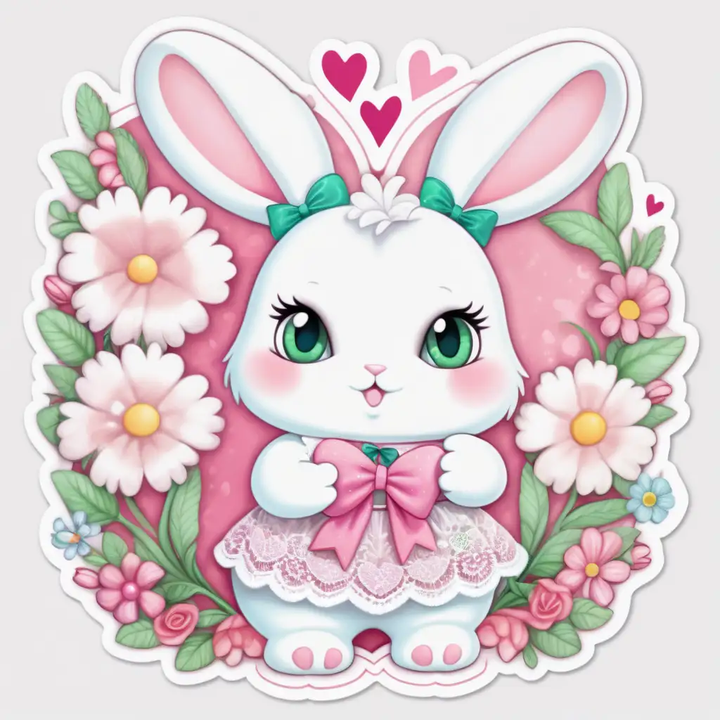 Cute,fairytale,whimsical, pastel,cartoon, chubby very furry white baby bunny  with big ears,big green eyes, dressed with beautiful lace dresses, and flowers and pink bow in their hair,beautiful valentine background, with valentine hearts and flowers around, sticker,white background, bright,colorful