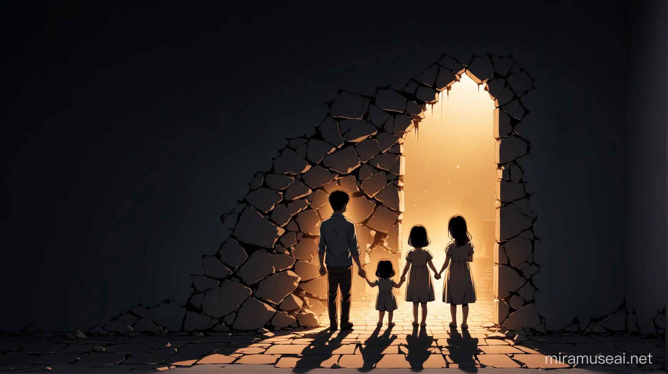 a broken wall revealing a happy family a dimly lit scene
