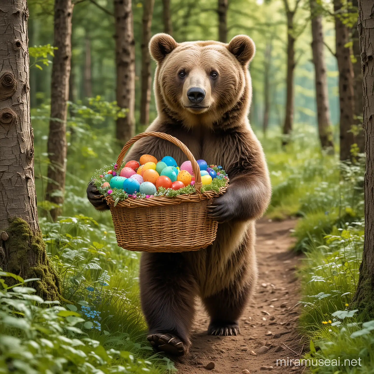 A friendly bear carrying basket with colorfull eggs going through the green forrest.
