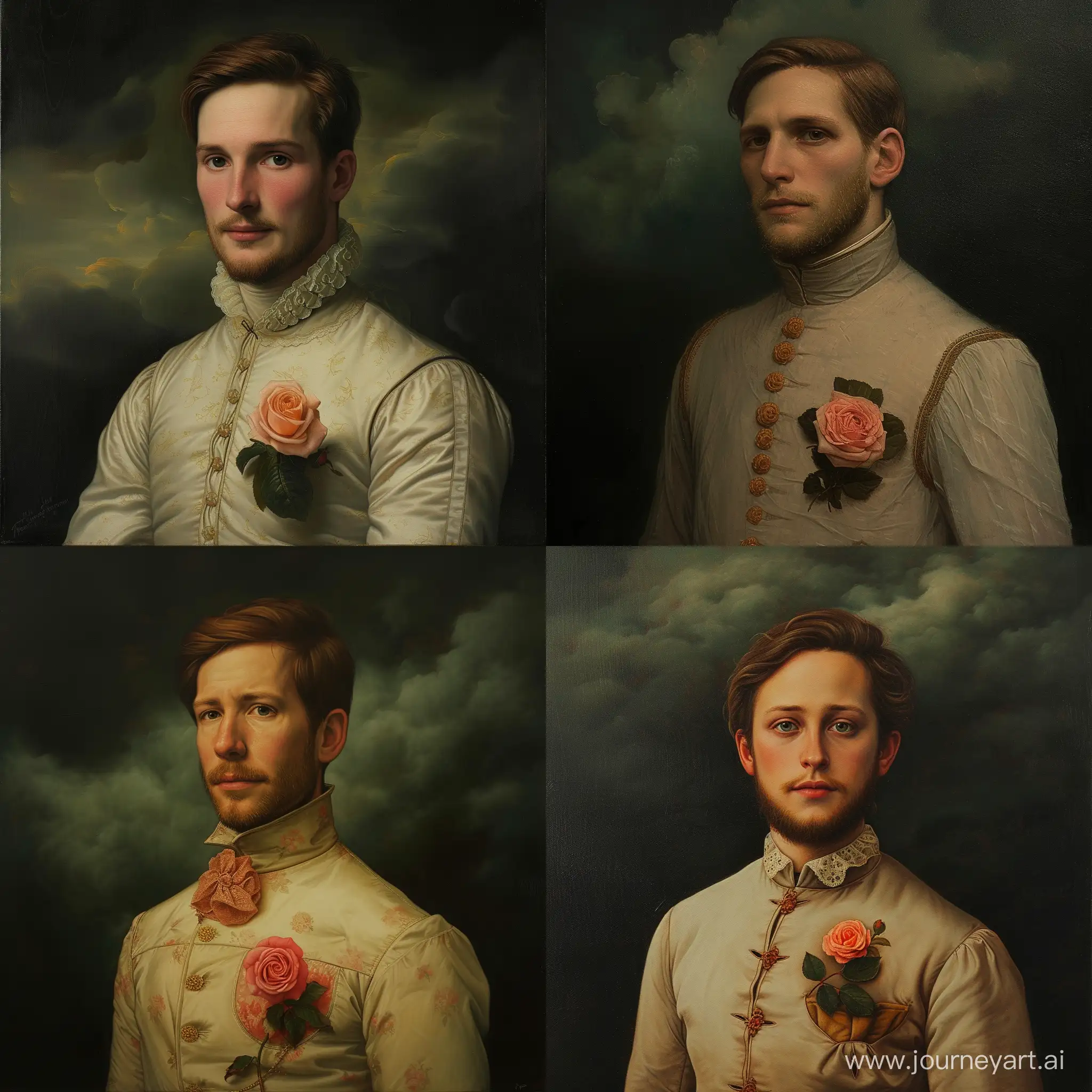 Medieval European portrait painting in style of Thomas Lawrence, depicting a 30 years old man with brown hairs and small side beards, wearing full collar Victorian attire, rose flower on pocket, dark black greenish cloudy background --v 6