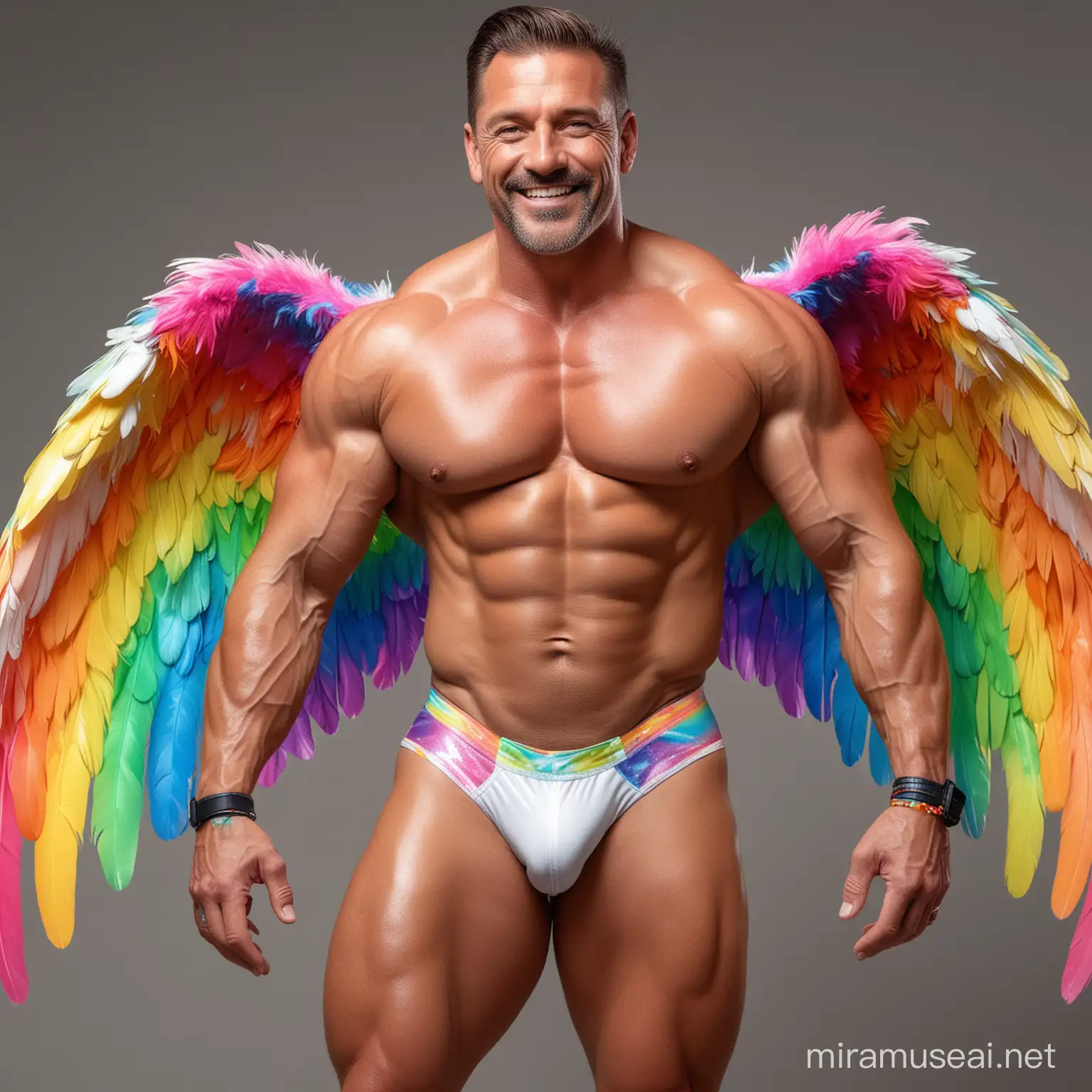 Topless 40s Ultra Chunky Bodybuilder Daddy with Great Smile wearing Multi-Highlighter Bright Rainbow with white Coloured See Through Huge Eagle Wings Shoulder Jacket Short shorts left arm up Flexing