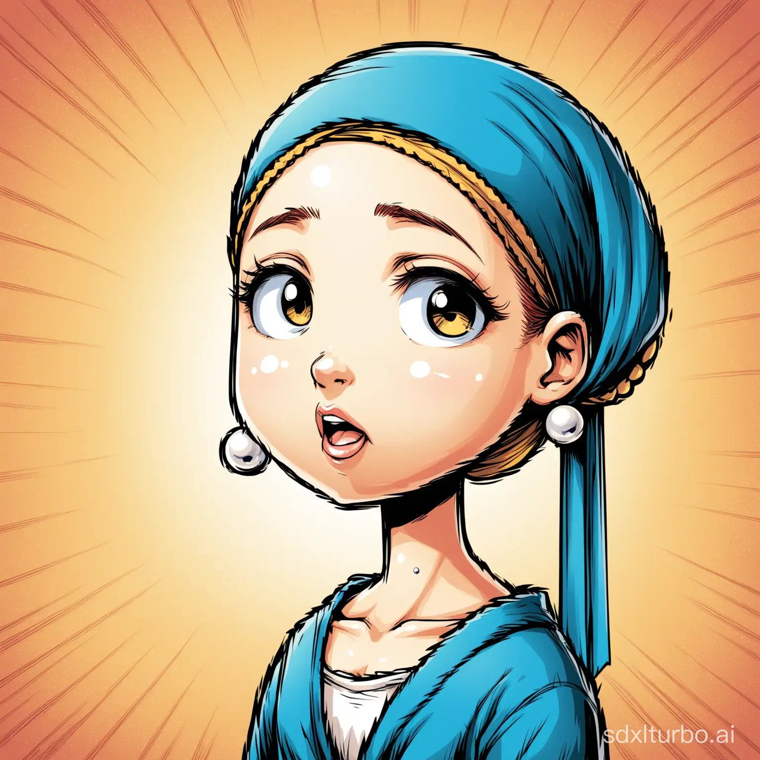 The girl with the pearl earring inspiration in comics style, deformed original, masterpiece, asymmetric, be creative