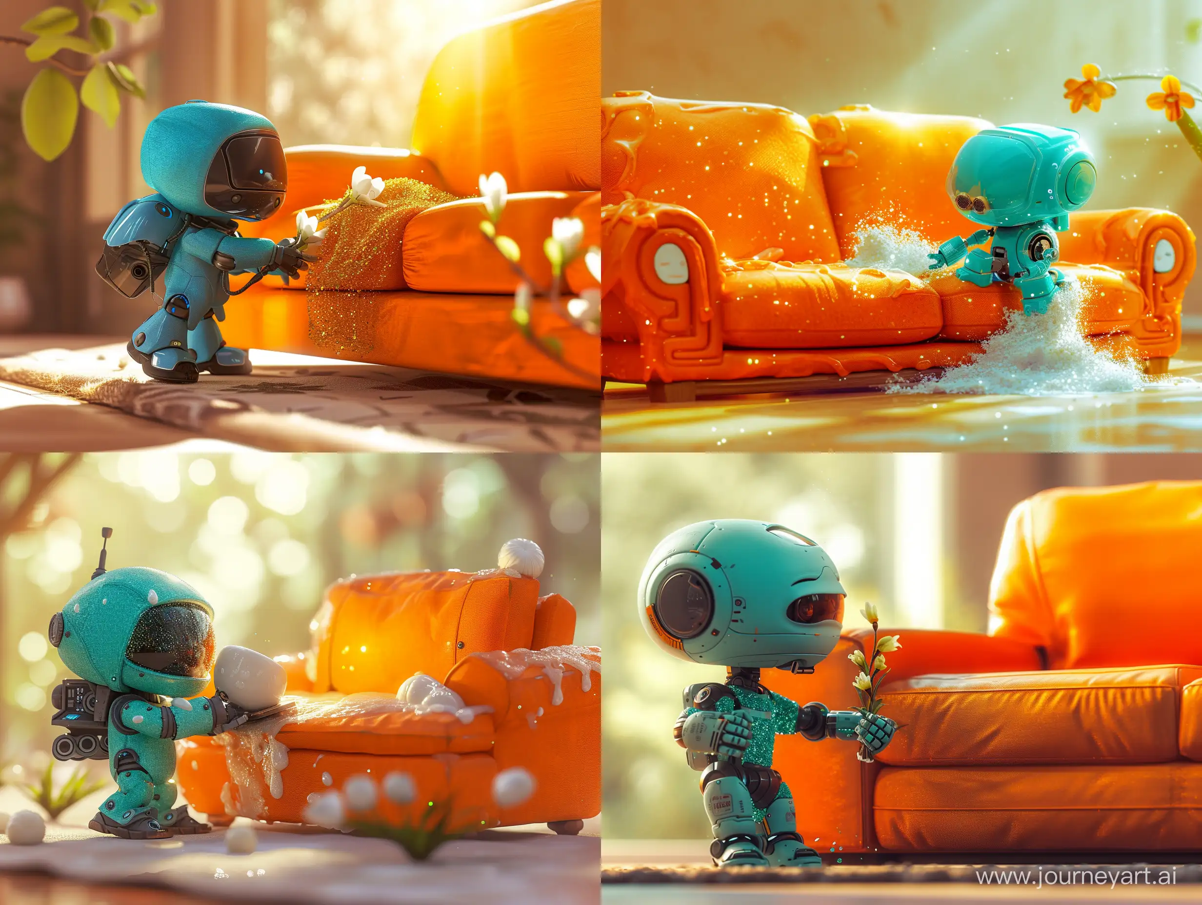 Adorable-Turquoise-Jumpsuit-Robot-Cleaning-Orange-Sofa-Hyper-Realistic-3D-Art