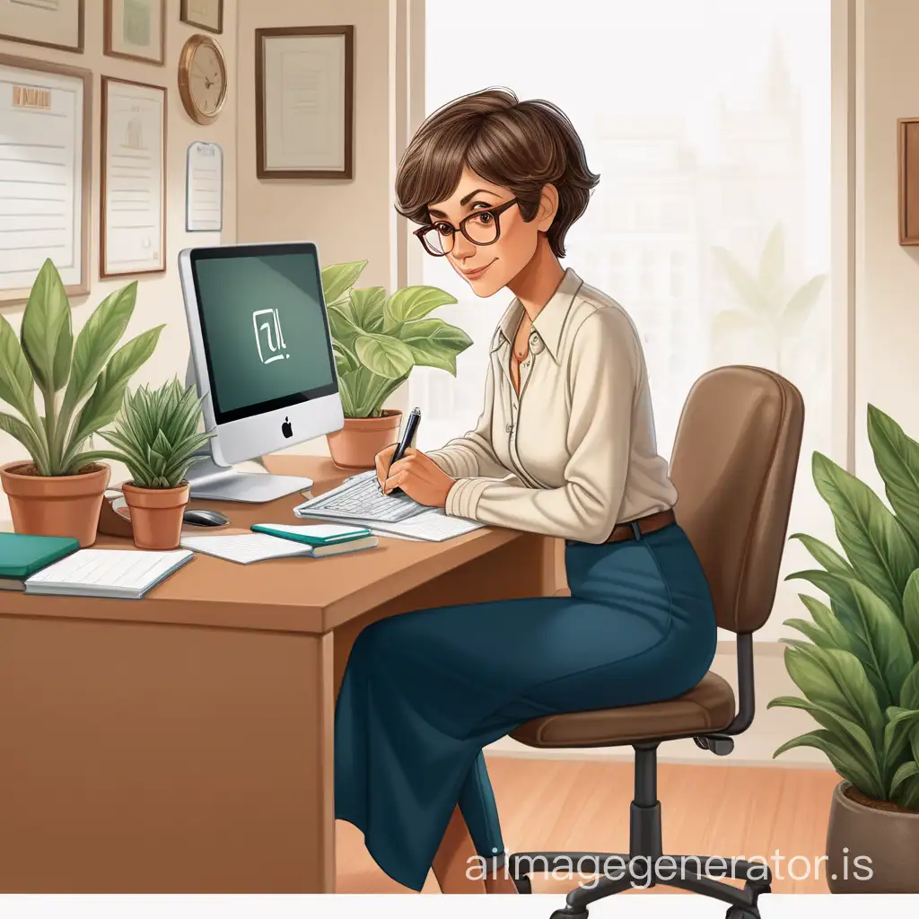A woman writing e-mail .
With short hair, Brown eyes, 50 years old, looking like a teacher. She's in her office, plants, foyers.
