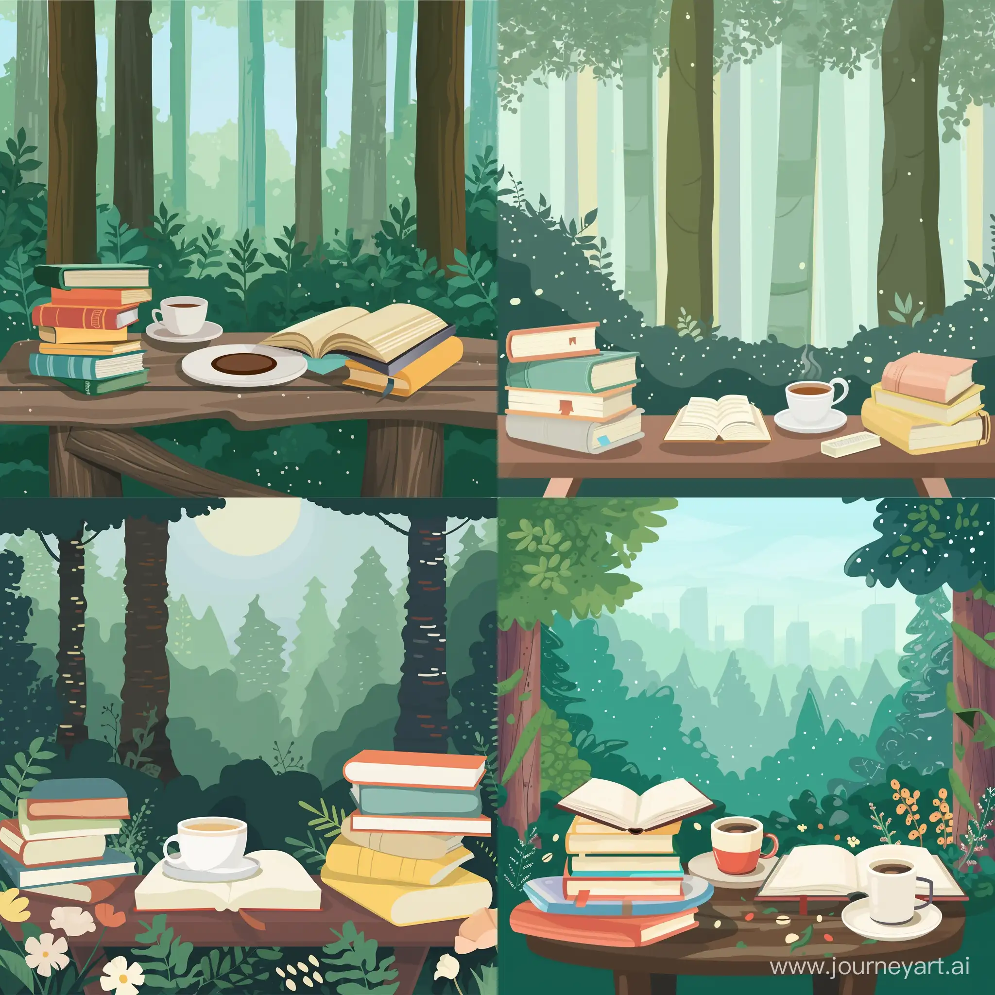 Cozy-Forest-Coffee-Break-with-Books-in-Cartoon-Flat-Style