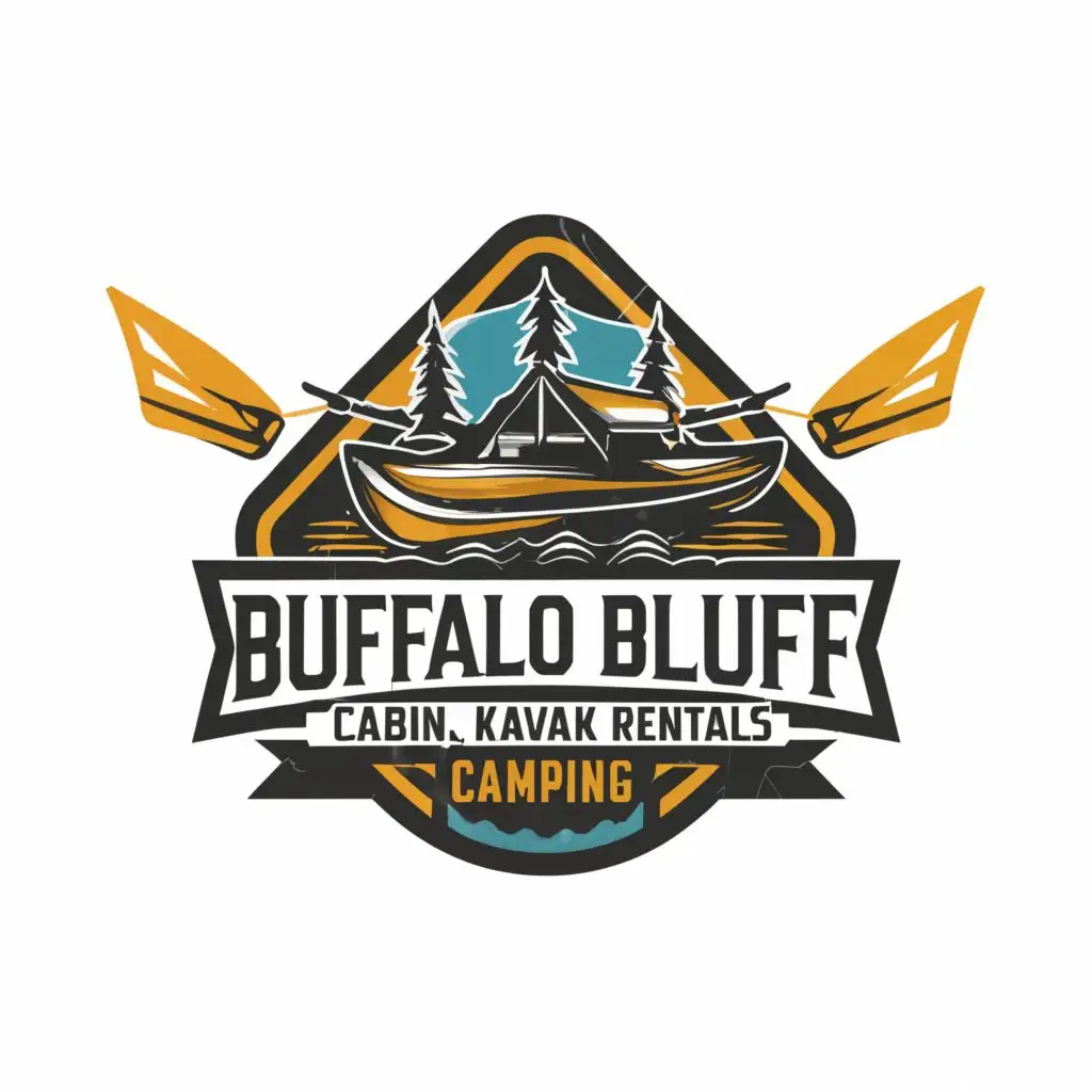a logo design,with the text "Buffalo Bluff Cabin Kayak Rentals Camping", main symbol:Kayak Cabin Fishing Camping River,Moderate,be used in Entertainment industry,clear background
