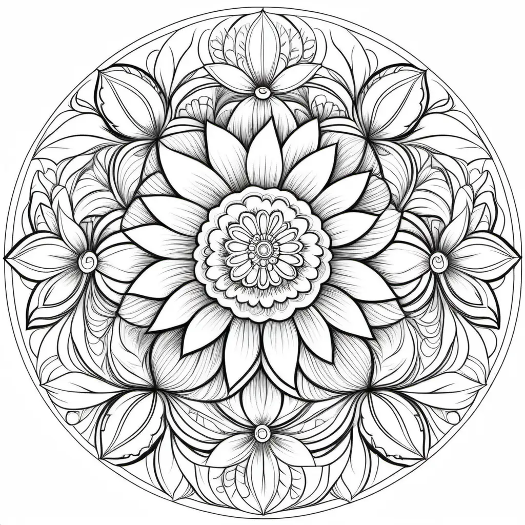Floral Mandala Coloring Design with Symmetrical Petals and Intricate Blossoms