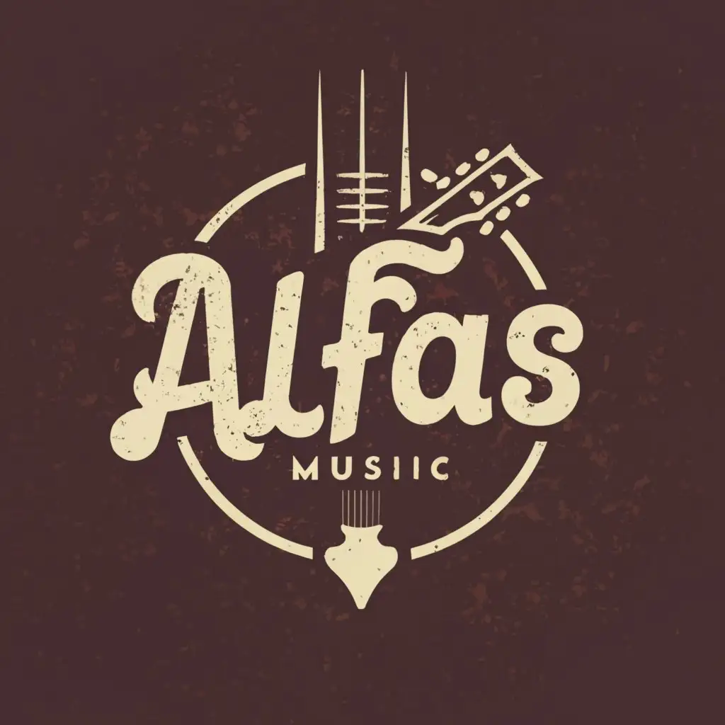 a logo design,with the text "ALFAS MUSIC", main symbol:MUSIC, GUITAR, SOLID,Moderate,be used in Entertainment industry,clear background