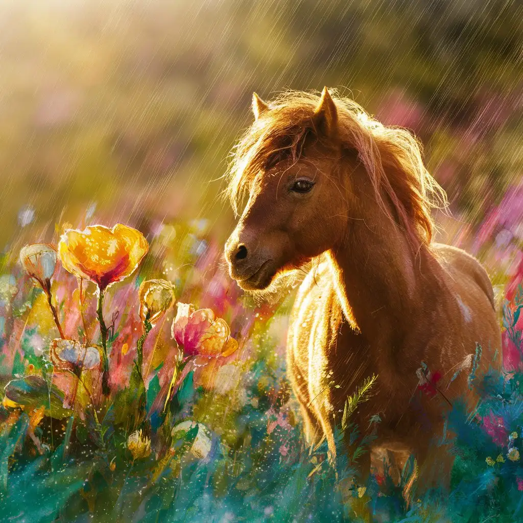 A movie trailer featuring the adventures of lovely brown pony, soaking up the sun , just before the rain, watercolors , shot on 35 mm film, bokeh, Bruno Amadio style, G. Bragolin style